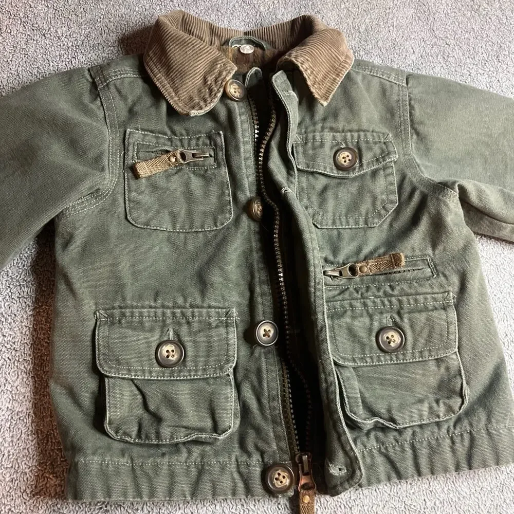 OshKosh B'gosh BabyBoy Green Utility Barn Jacket Corduroy Collar Plaid Lined 12M
